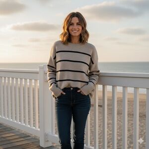 Soho & Stella Tan Striped Crewneck oversized wool Sweater - Size S